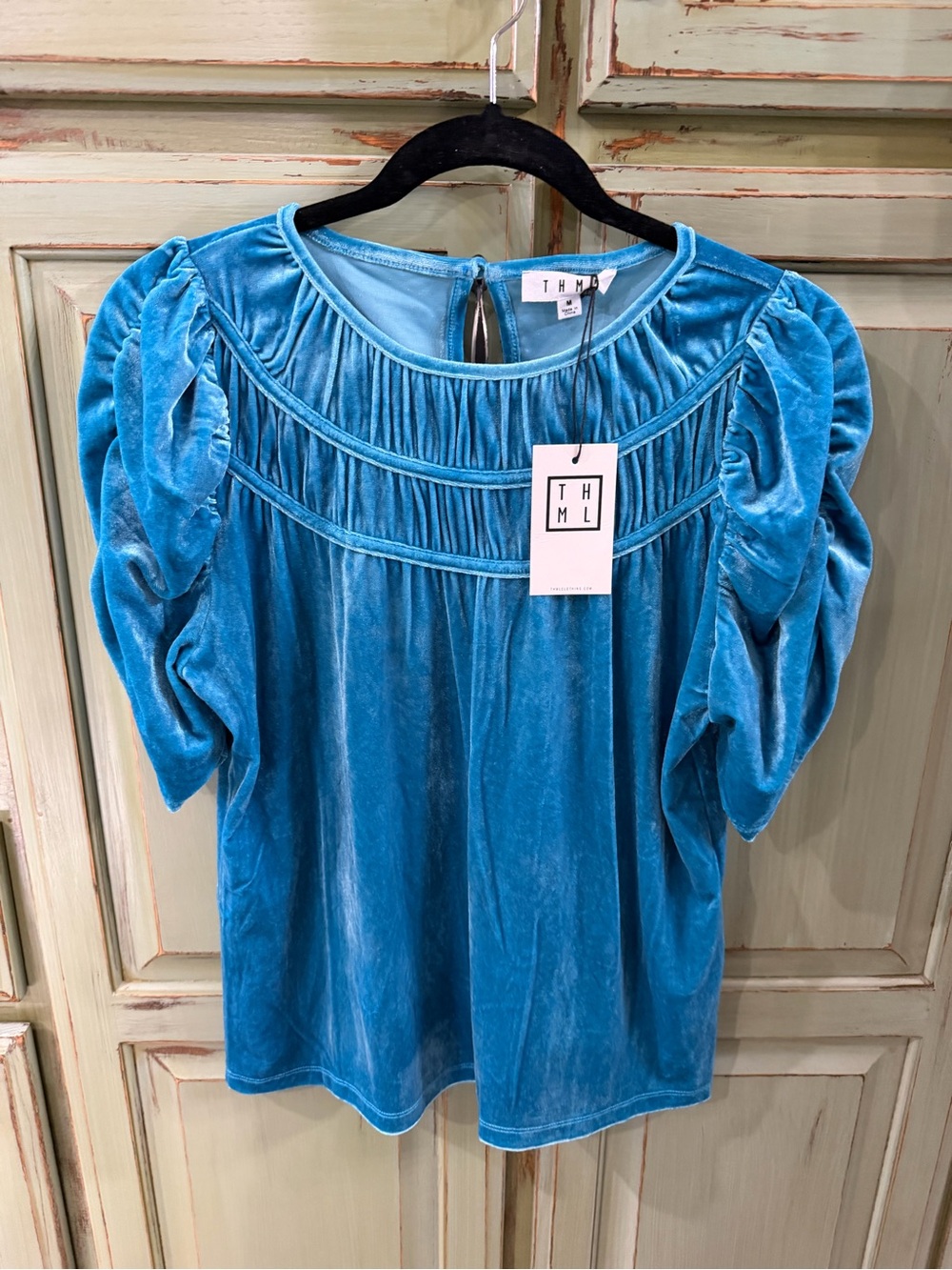 THML Turquoise Velvet Puff Sleeve Blouse